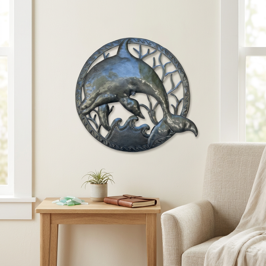 Dolphin Metal Wall Art – Handcrafted in Haiti, 11.5"