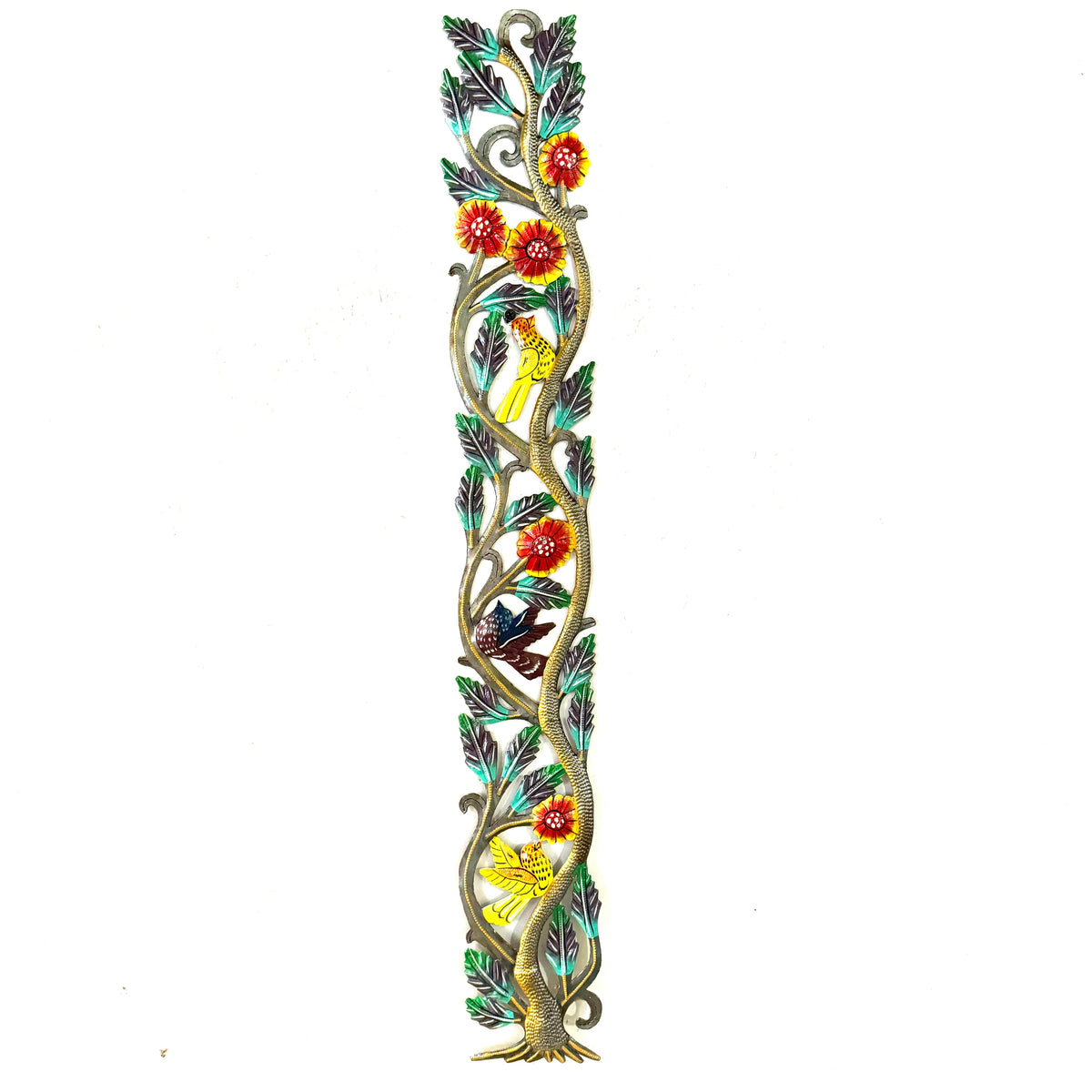 Tall Tree Metal Wall Art with Birds & Flowers – Hand-Hammered Steel Drum Decor, 29" x 4.5"