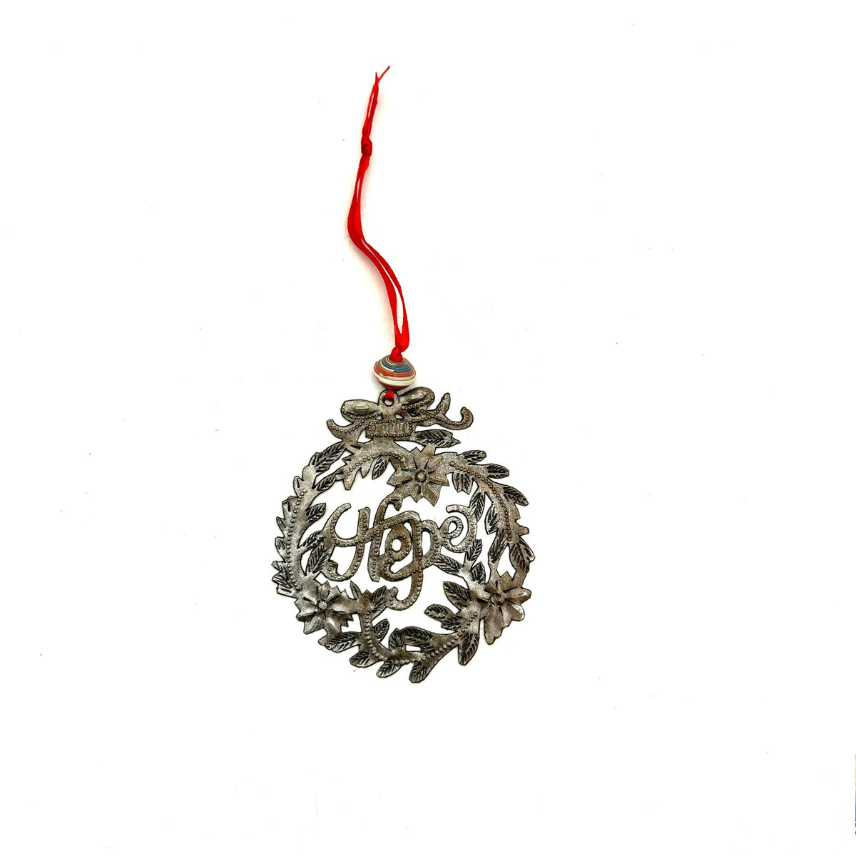 Hope Metal Christmas Ornament, Handmade Haitian Recycled Steel Wreath, 4"