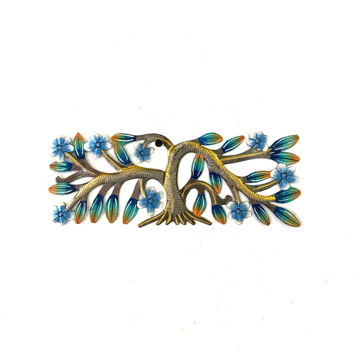 Tiny Blue Rectangle Tree Metal Wall Art – Handmade Haitian Steel Drum, 11″ × 4″