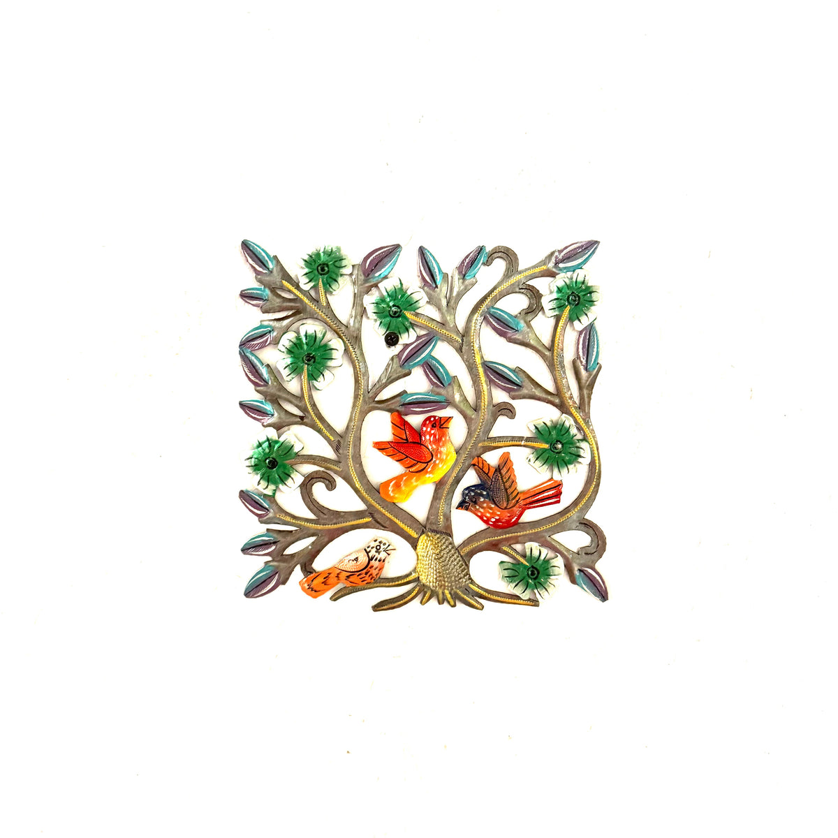 Small Square Birds with Green Flowers, 8.5"