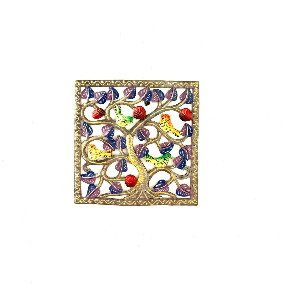 Small Square Bird Metal Wall Art with Red Fruit – Handmade Haitian Steel Drum Art