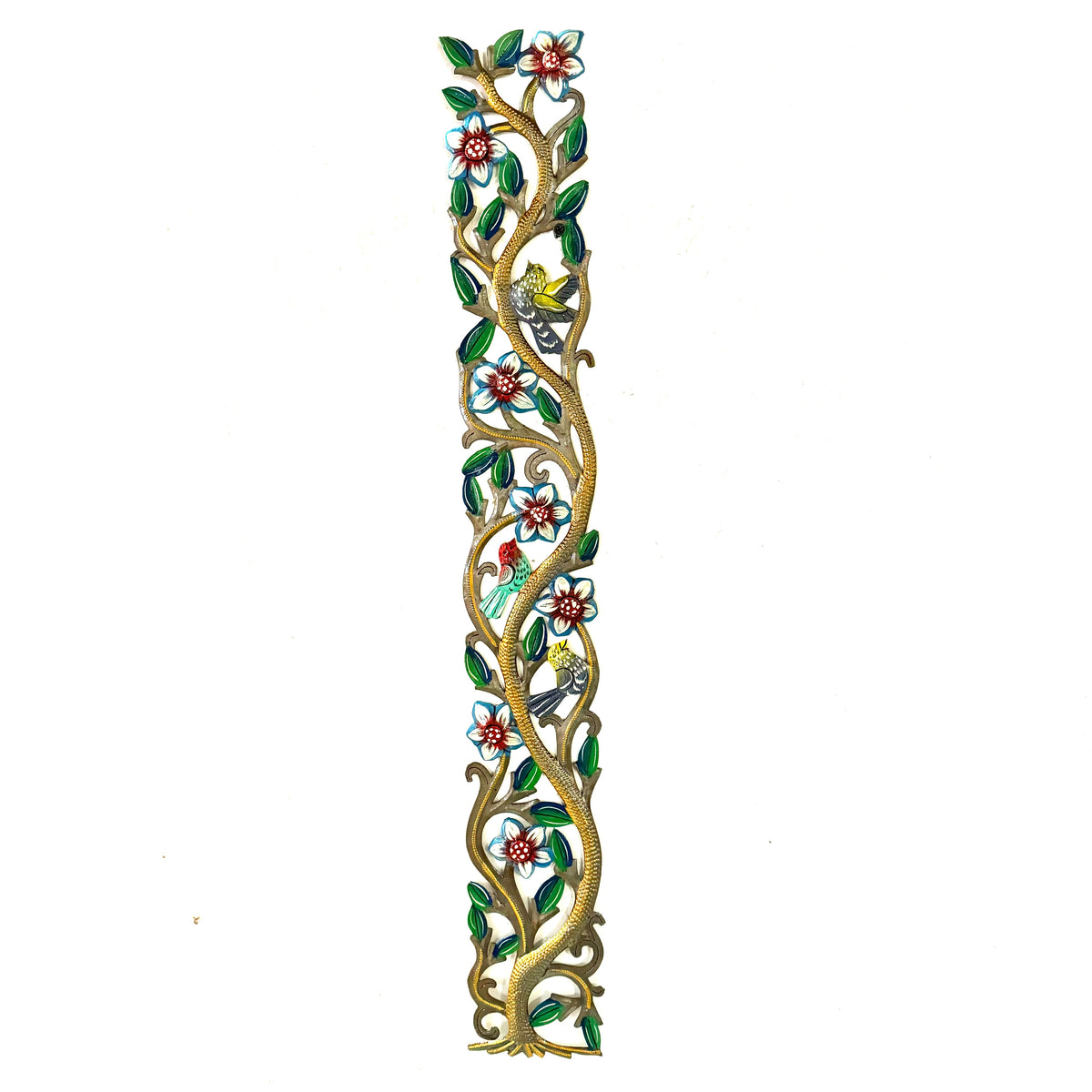 Tall Tree Metal Wall Art with Birds & Flowers – Handmade Haitian Steel Drum, 29″ × 4.5″