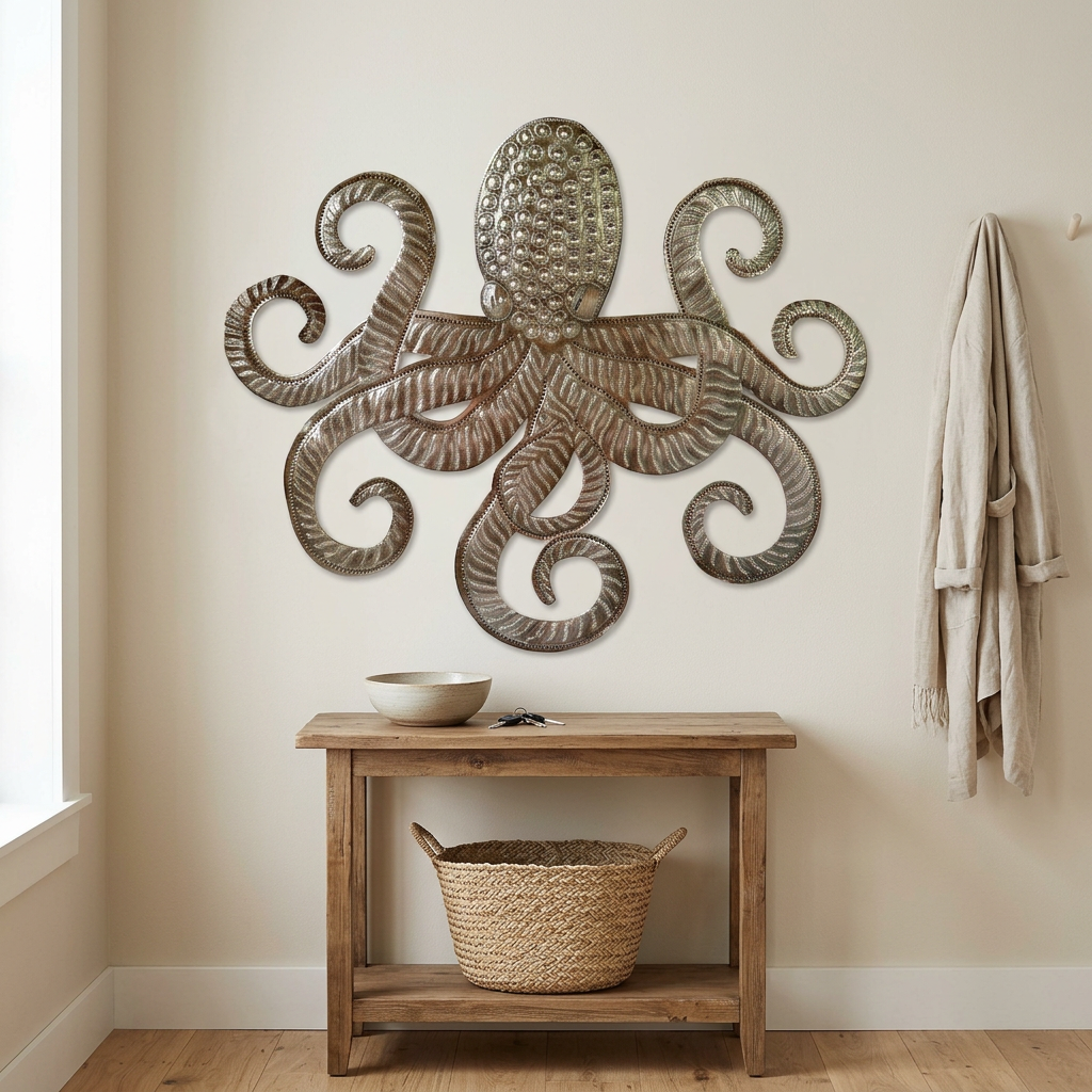 Octopus Metal Wall Art – Handcrafted Haitian Recycled Steel Drum, 22"