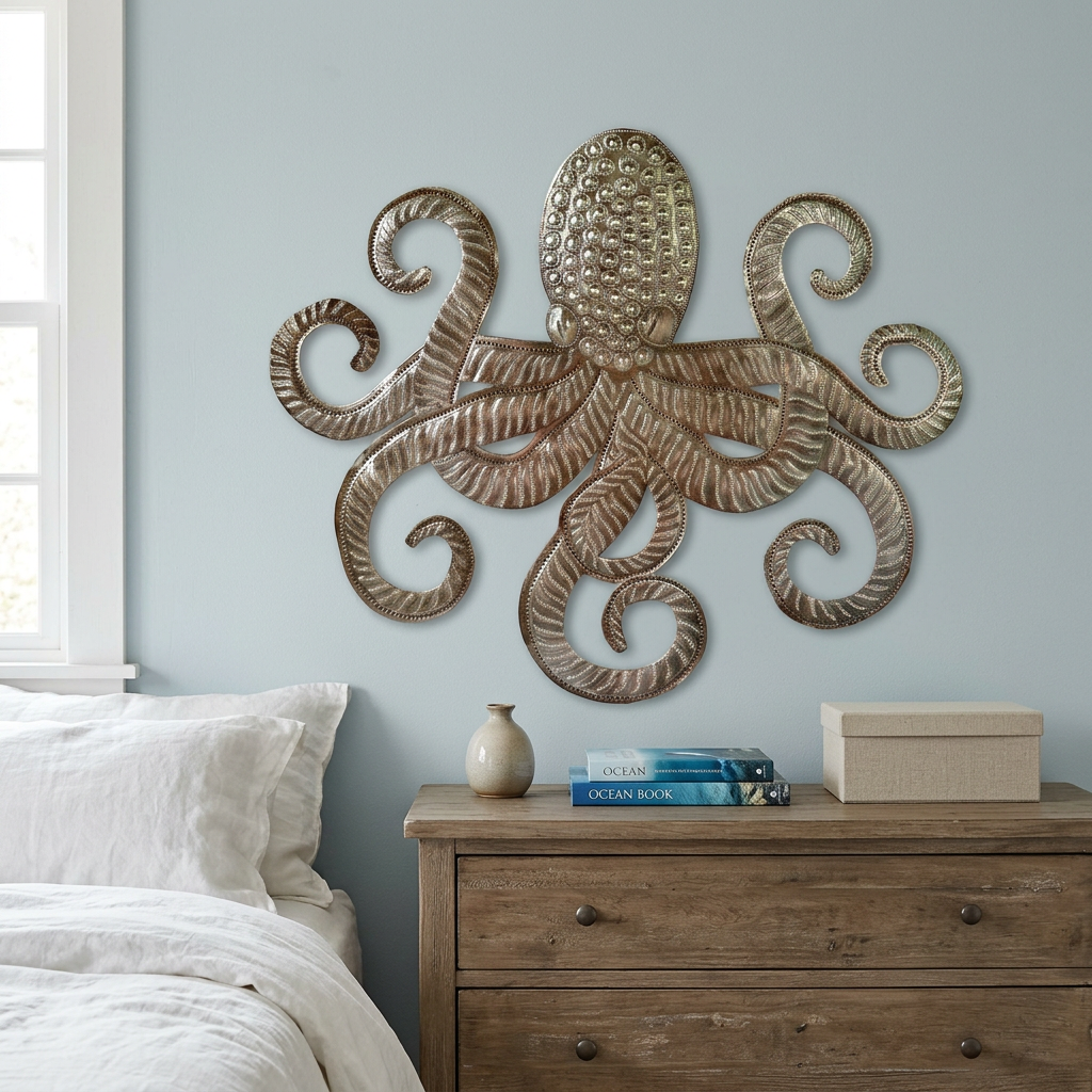 Octopus Metal Wall Art – Handcrafted Haitian Recycled Steel Drum, 22"