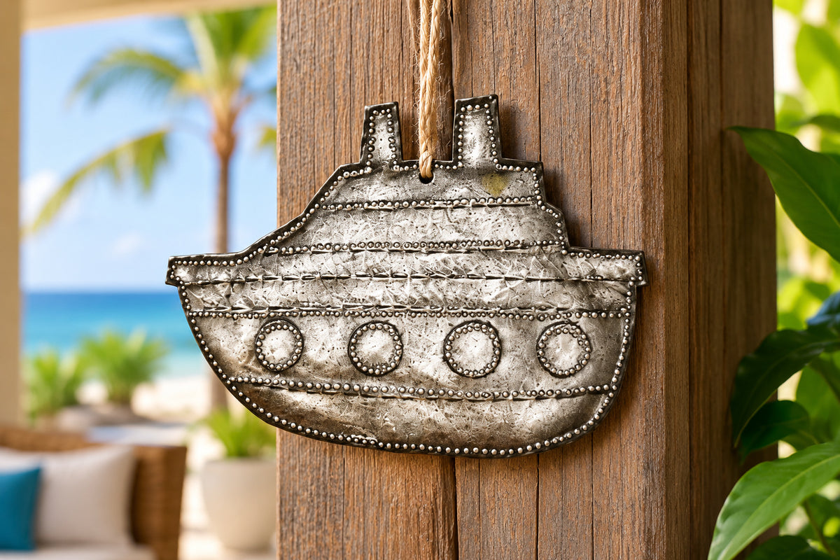 Handcrafted Steel Drum Boat Ornament, Haitian Art, 3" x 3"