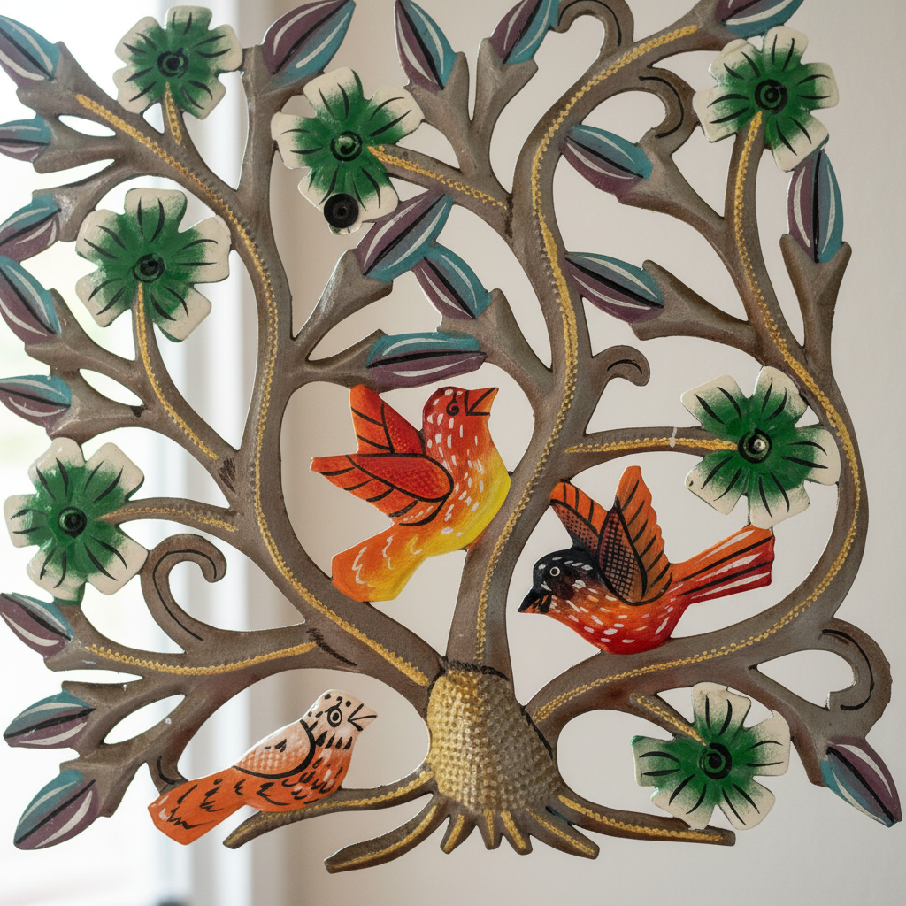 Small Square Birds with Green Flowers, 8.5"