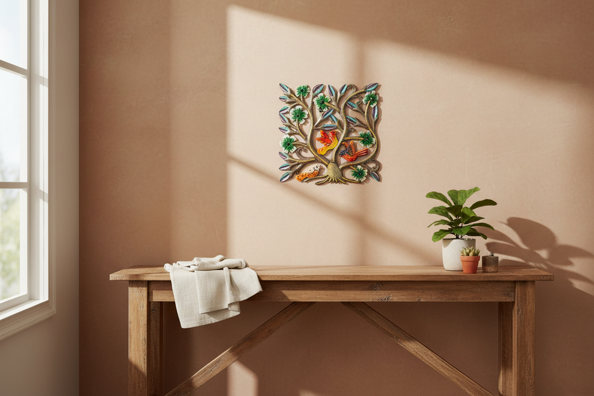Small Square Birds with Green Flowers, 8.5"