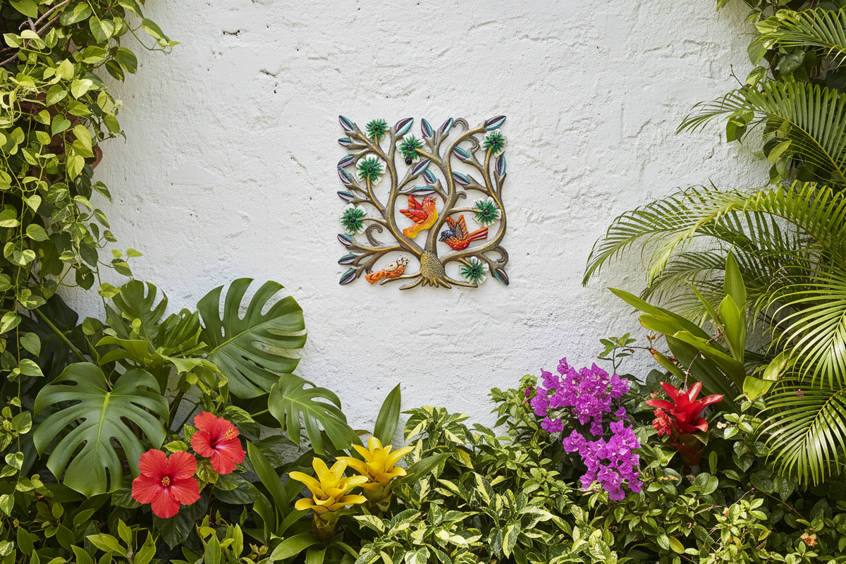 Small Square Birds with Green Flowers, 8.5"