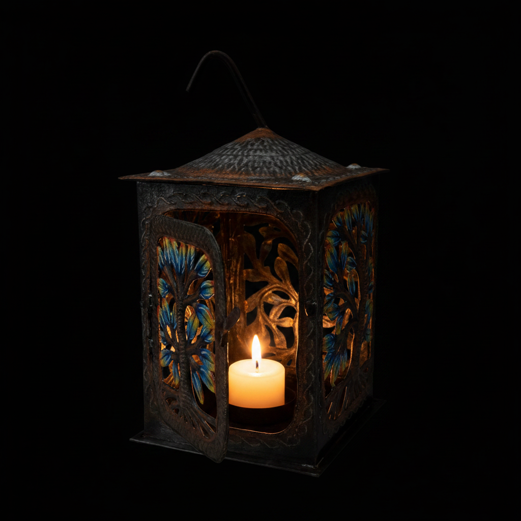 Haitian hand-painted metal lantern on a black background with candle glowing inside illuminating the colorful cut-out floral patterns