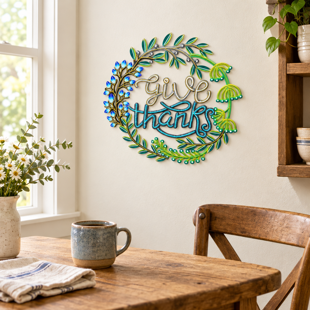 Handpainted Haitian Give Thanks metal wall art in a kitchen breakfast nook