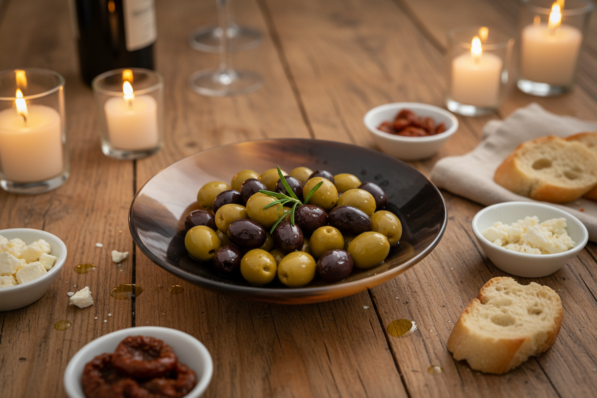 Haitian mahogany horn bowl holding mixed olives as tapas dish on warm wooden dining table