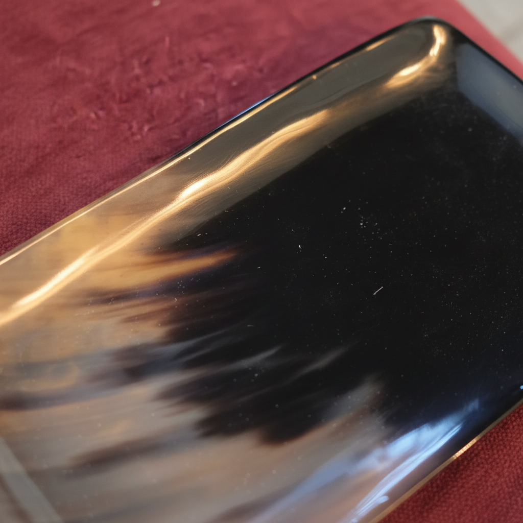 Close-up of natural swirling grain pattern on polished cow horn bowl