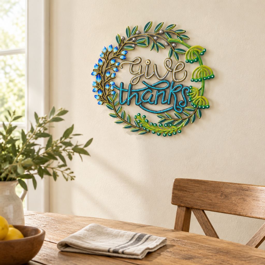 Handpainted Haitian Give Thanks metal wall art in a dining room