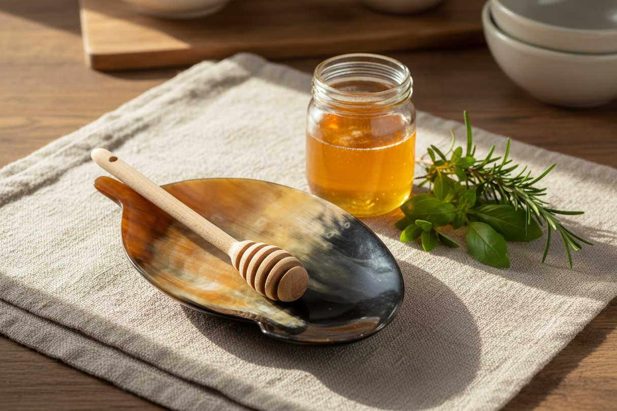 Haitian horn leaf spoon rest holding honey spoon beside honey jar and herbs on rustic linen surface