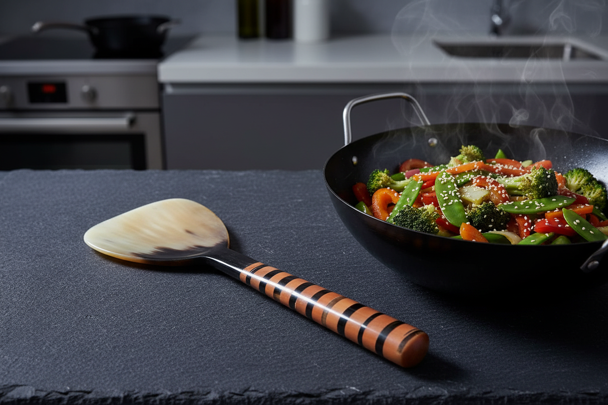 Haitian horn rice paddle beside wok with stir-fried vegetables on dark slate minimalist kitchen