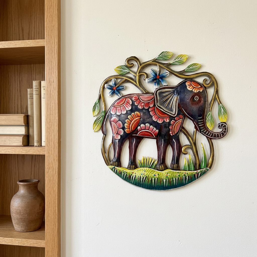 Elephant metal wall art with blue flowers and green leaves beside a bookshelf