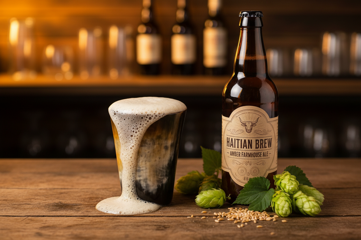 Haitian horn tumbler cup filled with craft beer beside artisan ale bottle and hops on rustic wooden bar