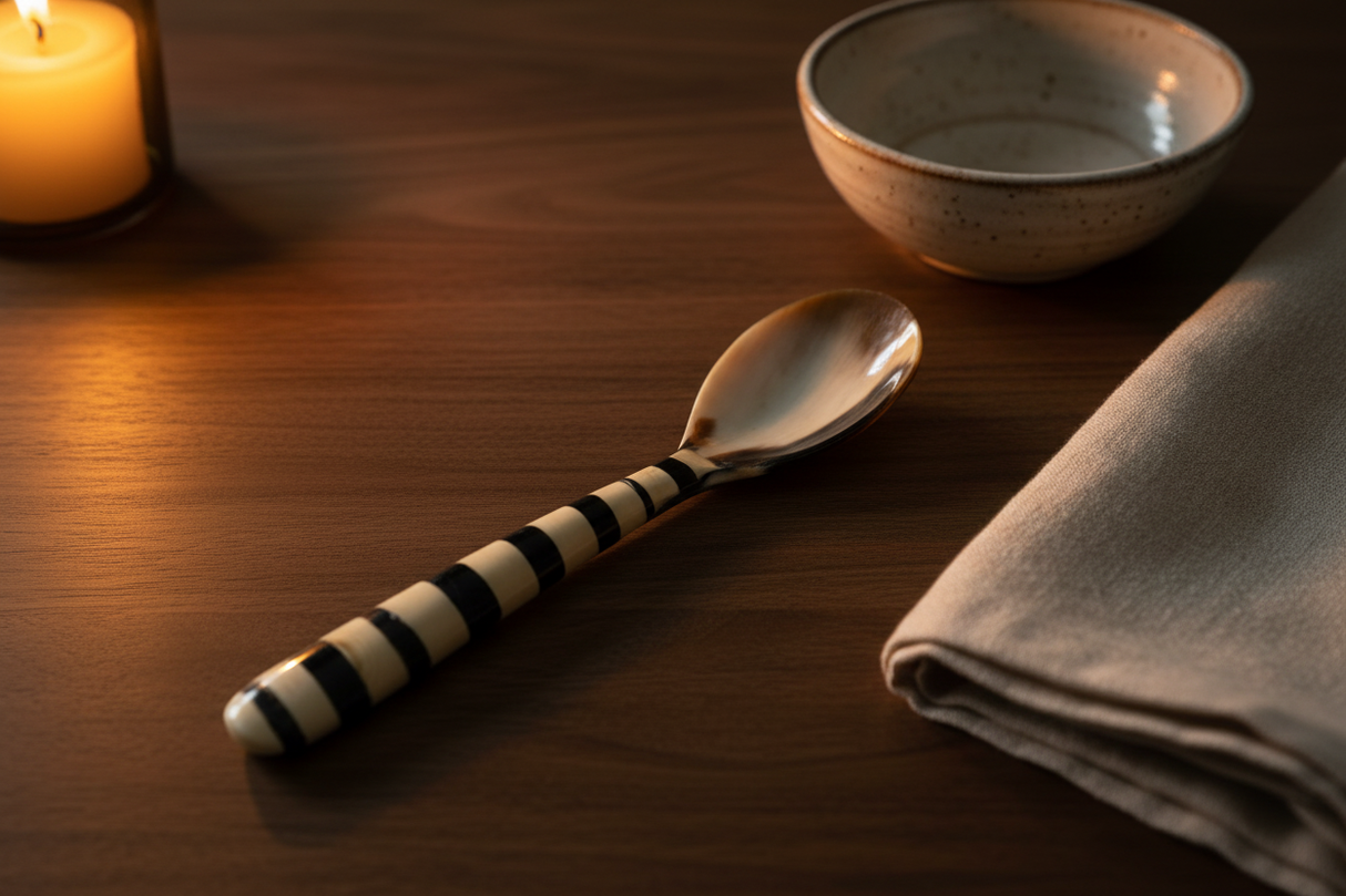 Haitian striped horn spoon on dark walnut dining table beside artisan bowl by candlelight