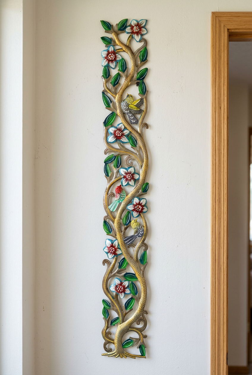 Tall metal tree with colorful birds and flowers beside a wood-trimmed doorway