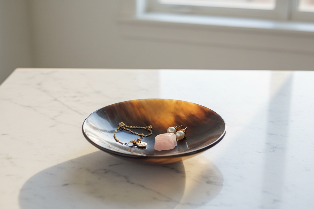 Haitian mahogany horn bowl holding gold bracelet and pearl earrings on white marble vanity