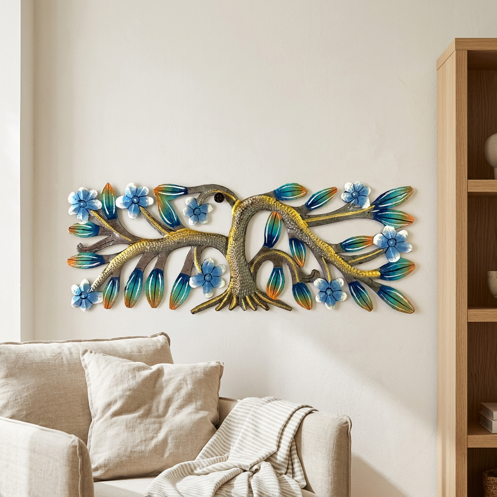 Small blue-flower metal tree in a neutral coastal-inspired living room