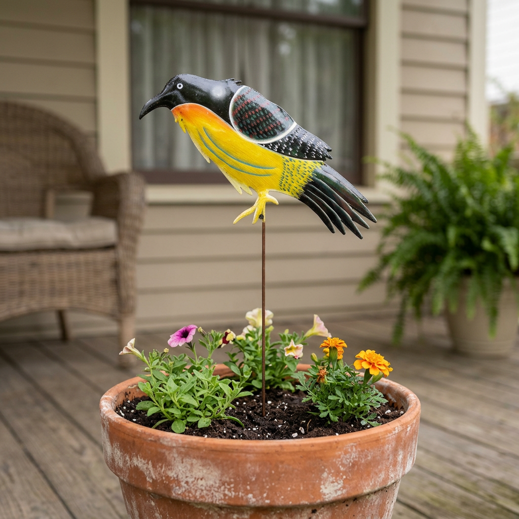 Painted steel bird garden stake in a terracotta porch planter