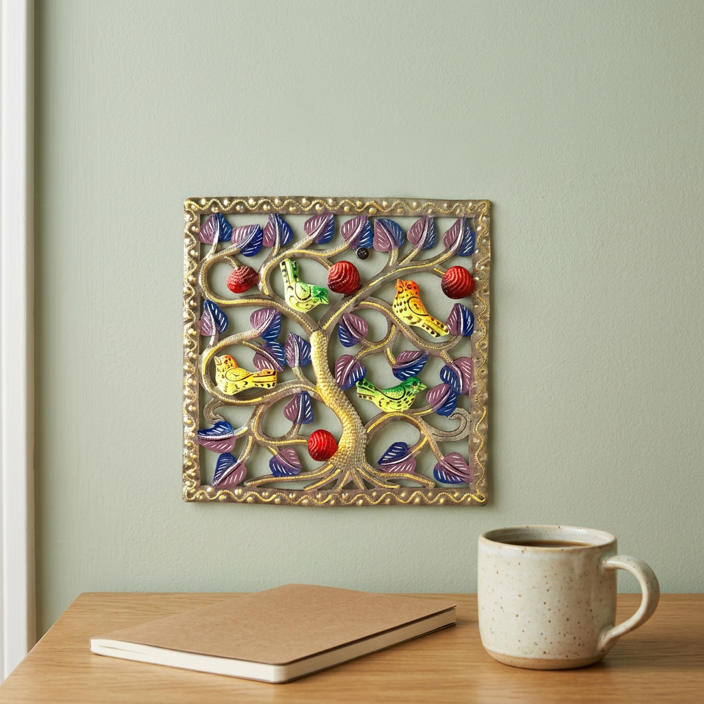 Handmade Haitian bird metal wall art above an oak office desk