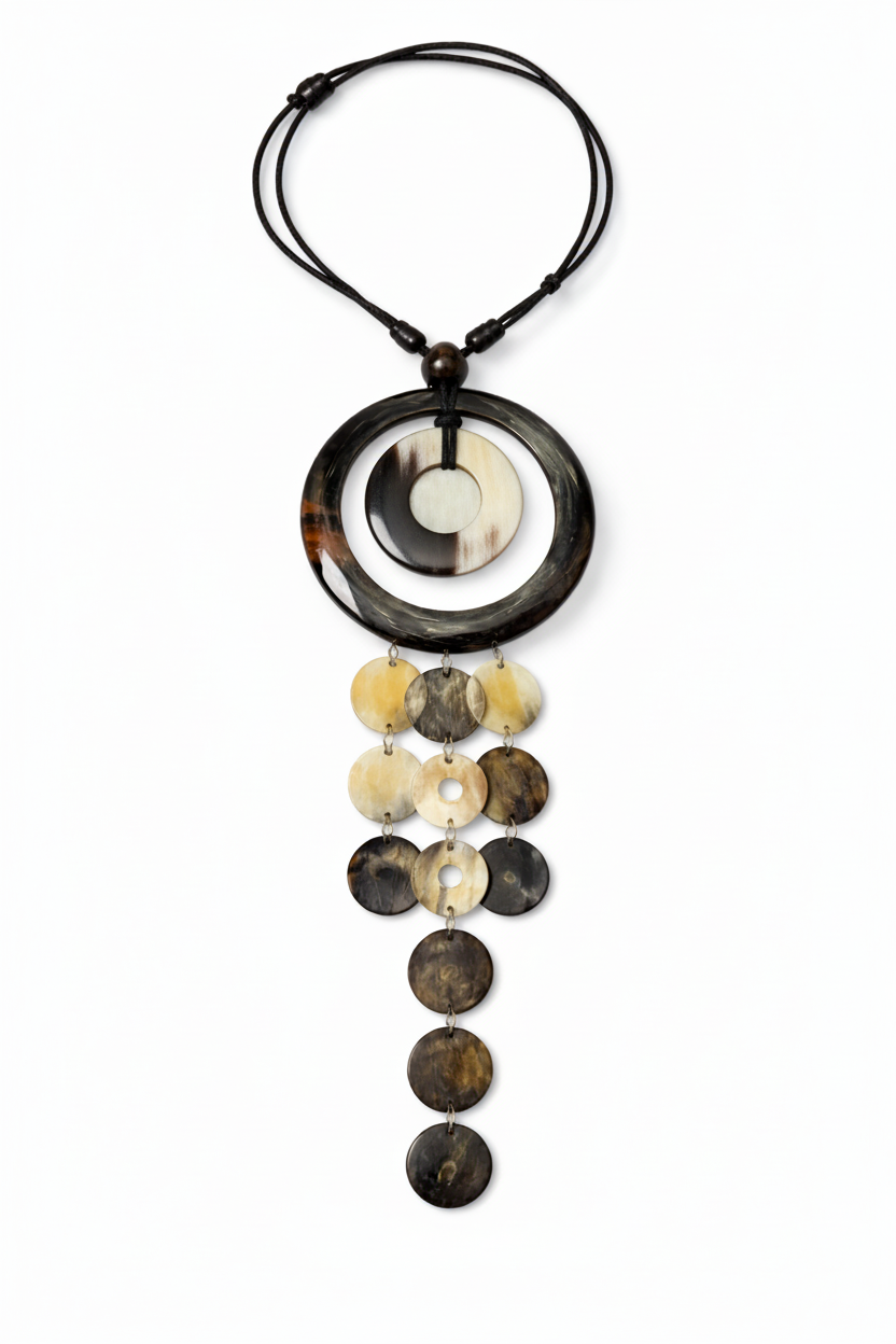 Handmade Haitian ox horn cascade disc necklace with ring frame and five graduated strands on white background