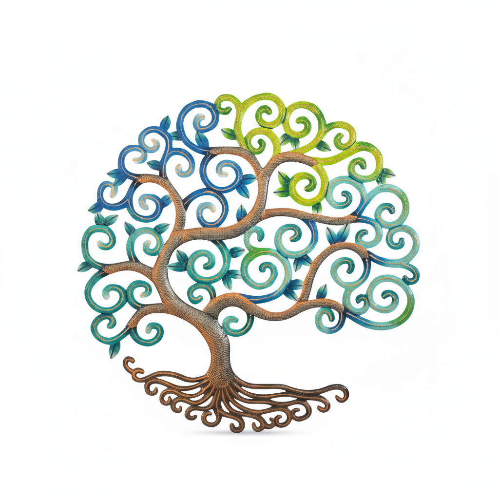 Handcrafted Haitian metal Tree of Life wall art with colorful spiral branches in blue, green, and yellow gradient