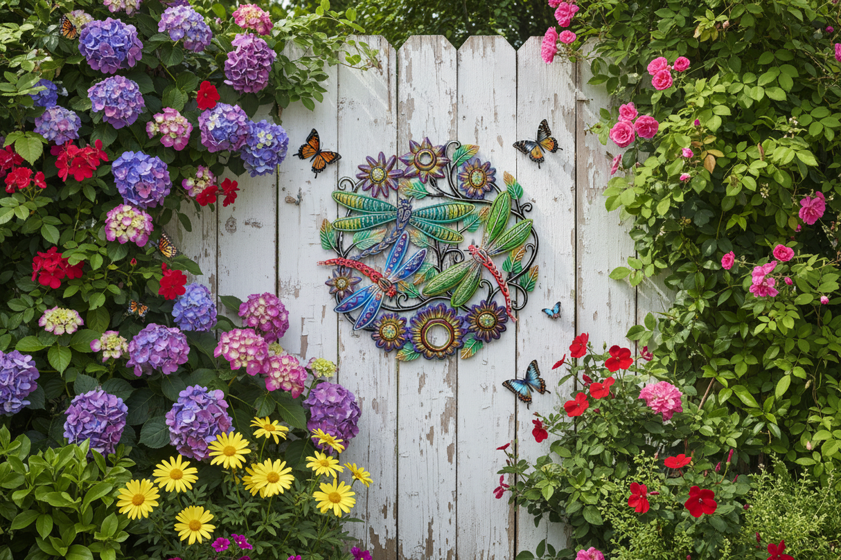 Colorful Haitian dragonfly metal wall art on a whitewashed garden fence surrounded by blooming flowers and lush greenery