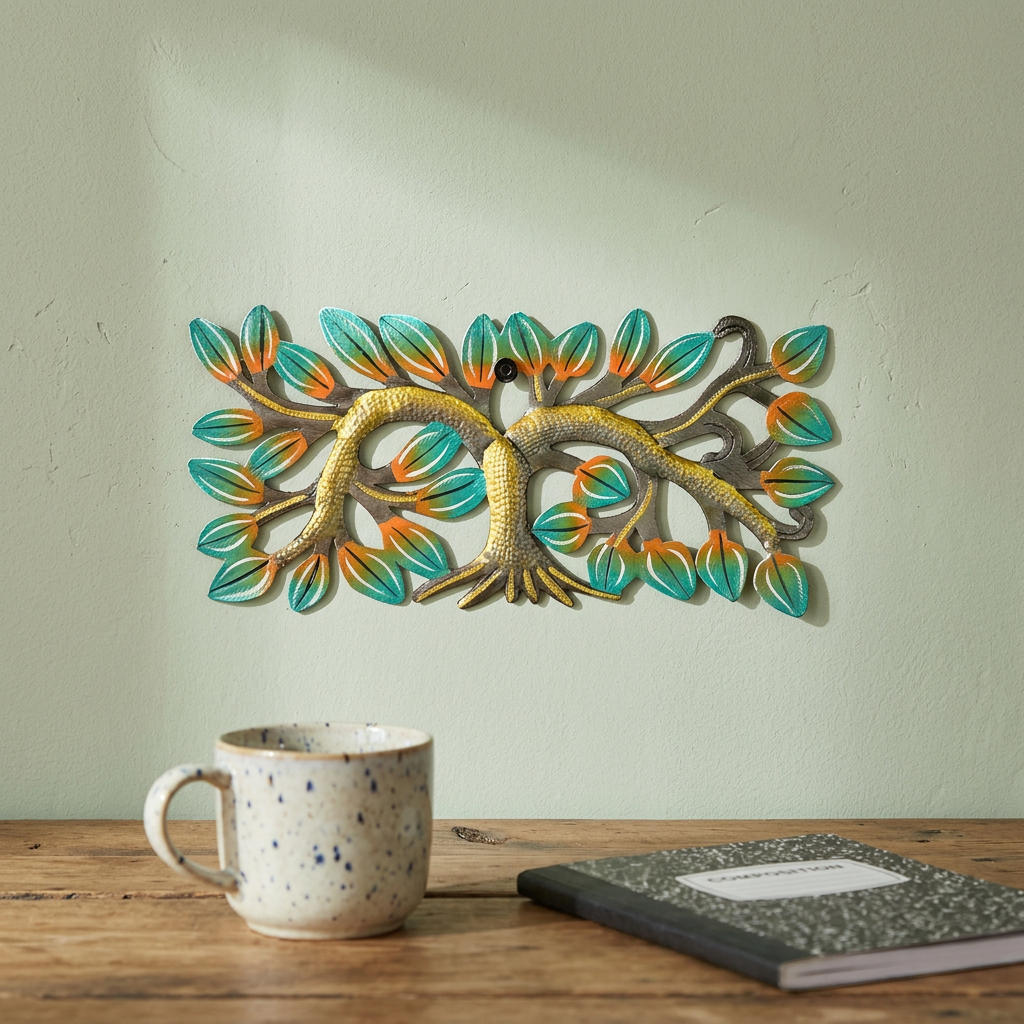 Handmade Haitian steel drum tree wall art above a wooden office desk