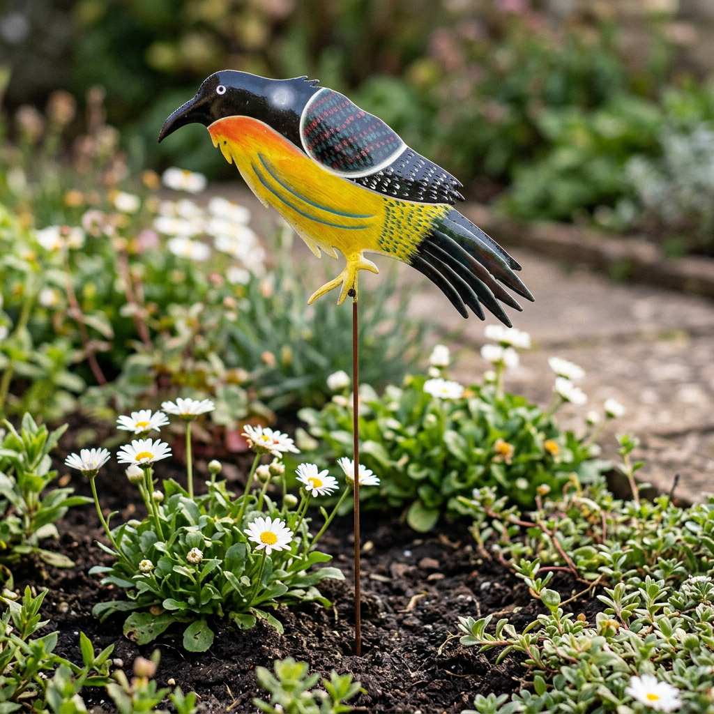 Yellow and black steel bird garden stake in a flower bed