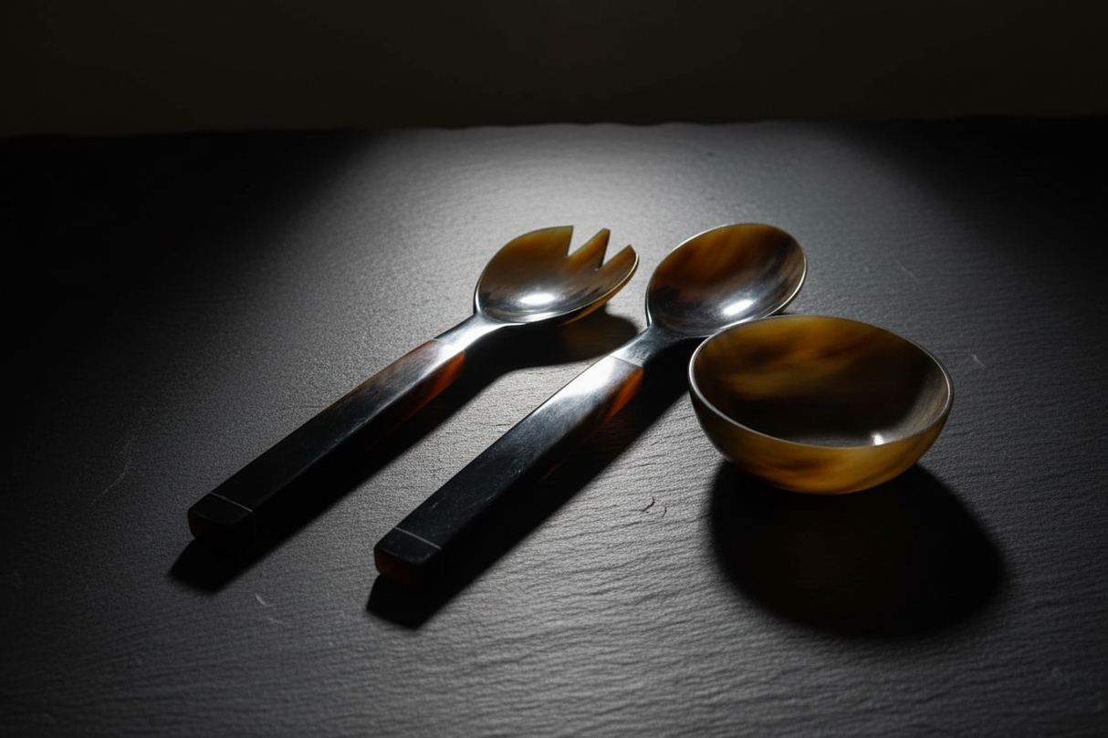 Haitian all-horn salad fork beside matching spoon and horn bowl on dark slate surface with moody lighting