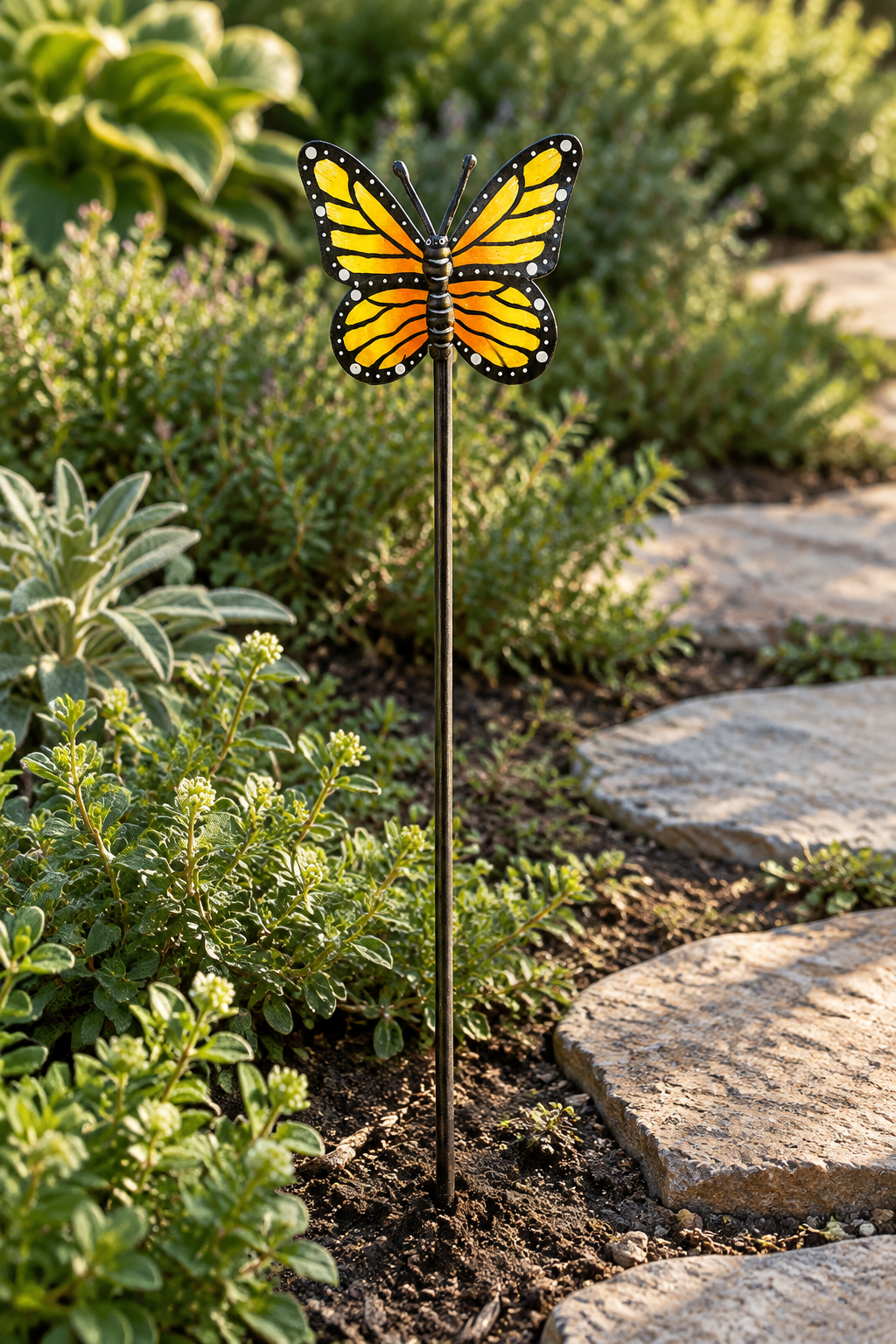 Espwa yellow butterfly metal garden stake beside a stone garden path