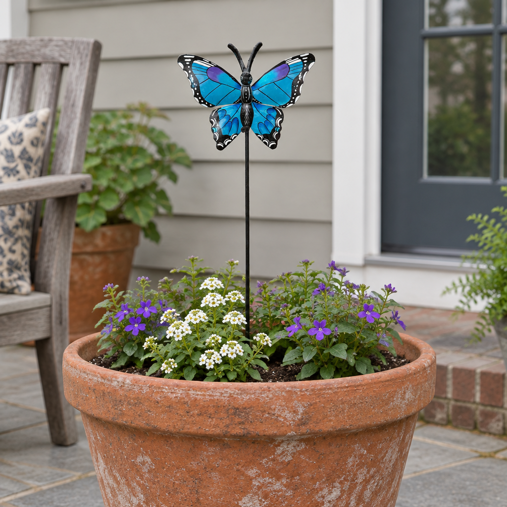 Blue and purple Haitian metal butterfly garden stake in a terracotta patio planter