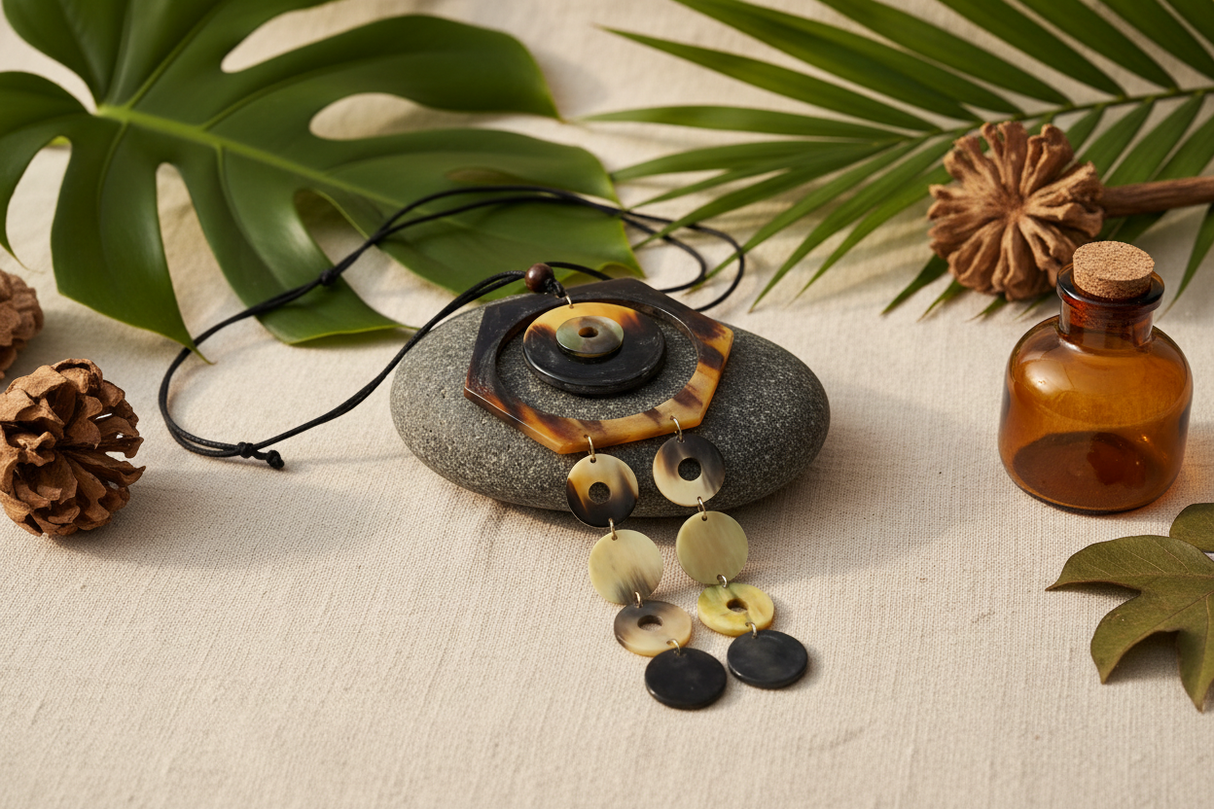 Haitian horn hexagon disc cascade necklace draped over dark stone beside tropical leaves and botanicals on linen