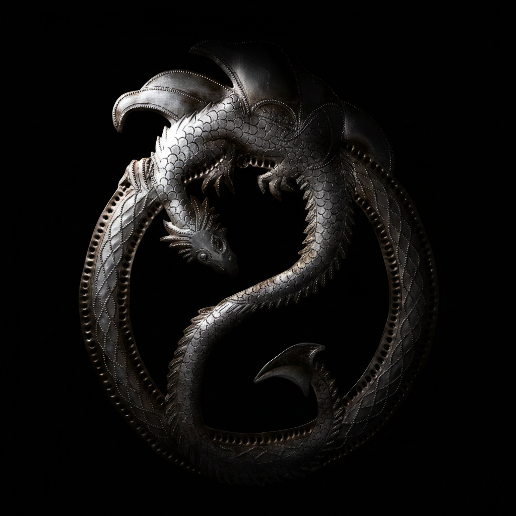 Close-up detail of Haitian dragon metal wall art with dramatic spotlight lighting on a black background