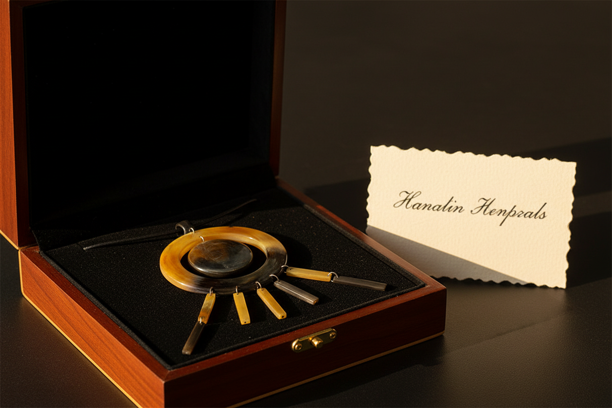 Haitian horn ring bar fringe necklace in luxury black velvet gift box with golden light