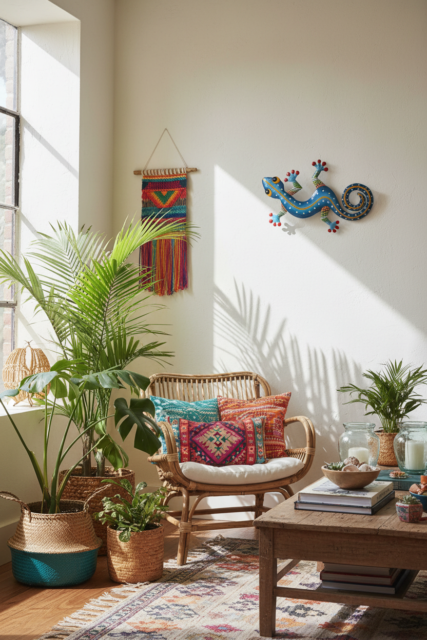 Blue metal gecko wall art mounted in bohemian living room