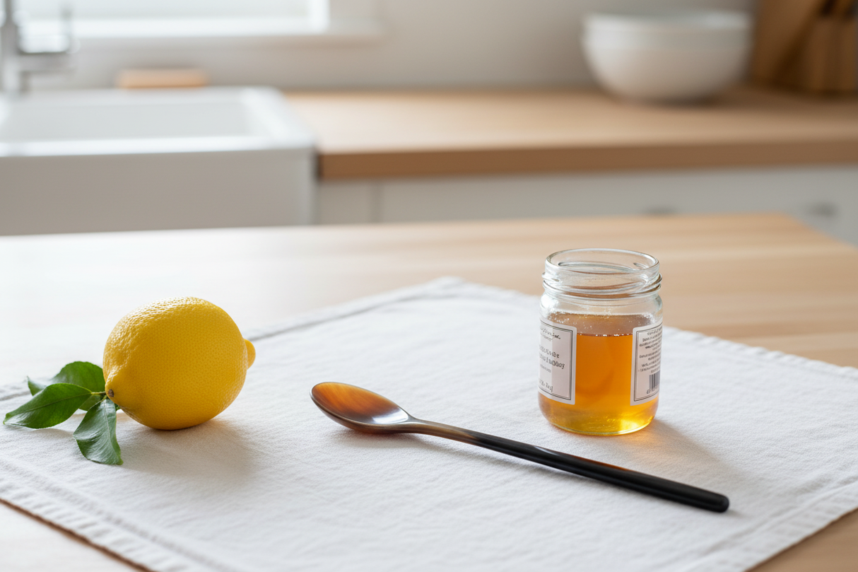 Haitian two-tone horn spoon beside honey jar and lemon on white linen Scandinavian kitchen