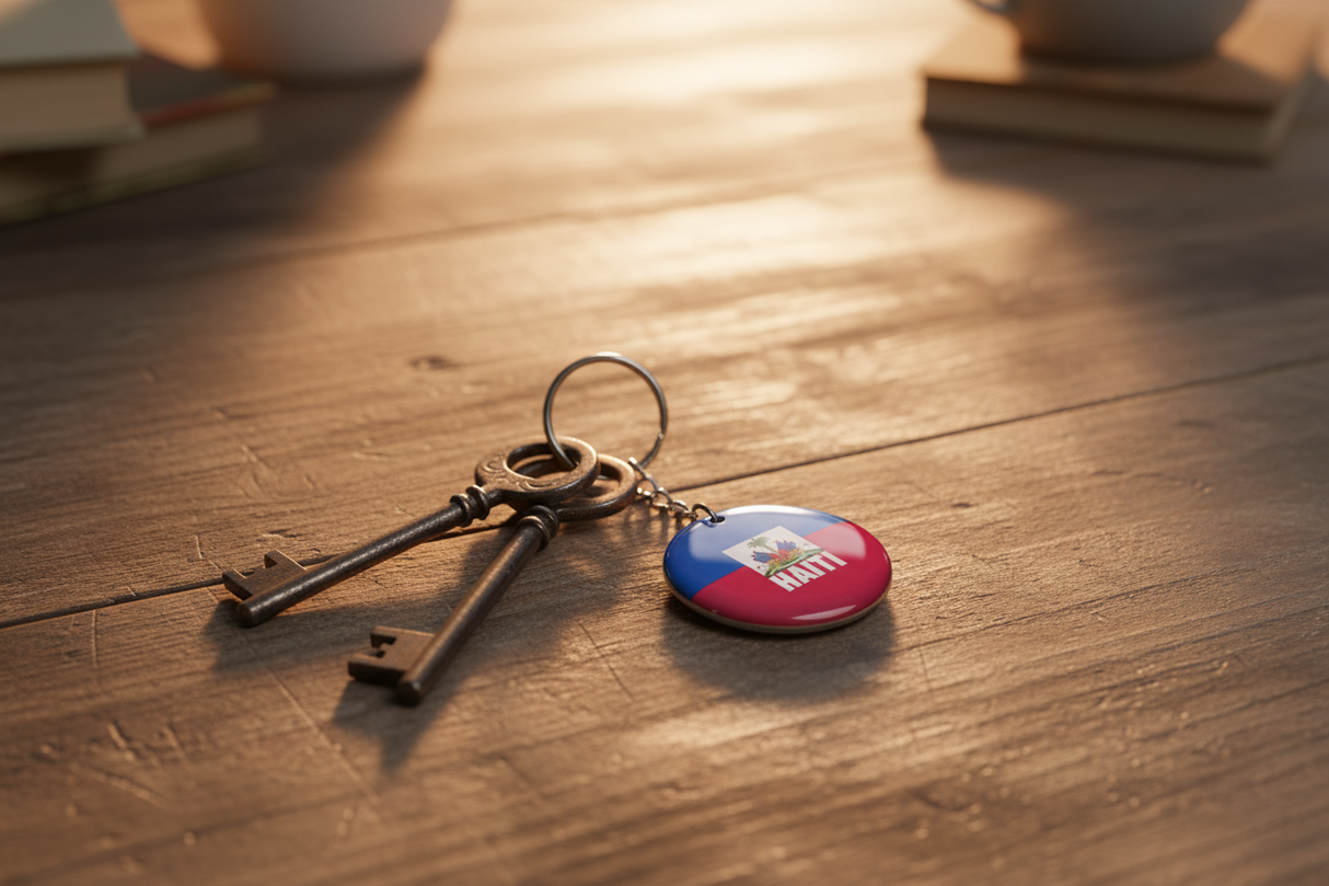 Haiti flag keychain on keys resting on wooden table – lifestyle photo