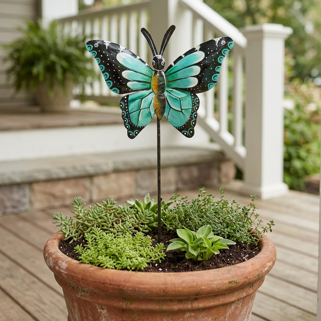 Turquoise butterfly garden stake in a terracotta porch planter