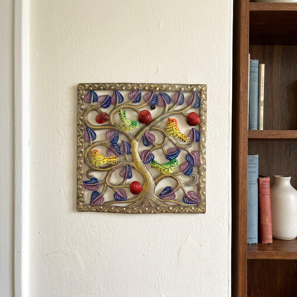 Haitian steel drum birds with red fruit wall art beside a bookshelf