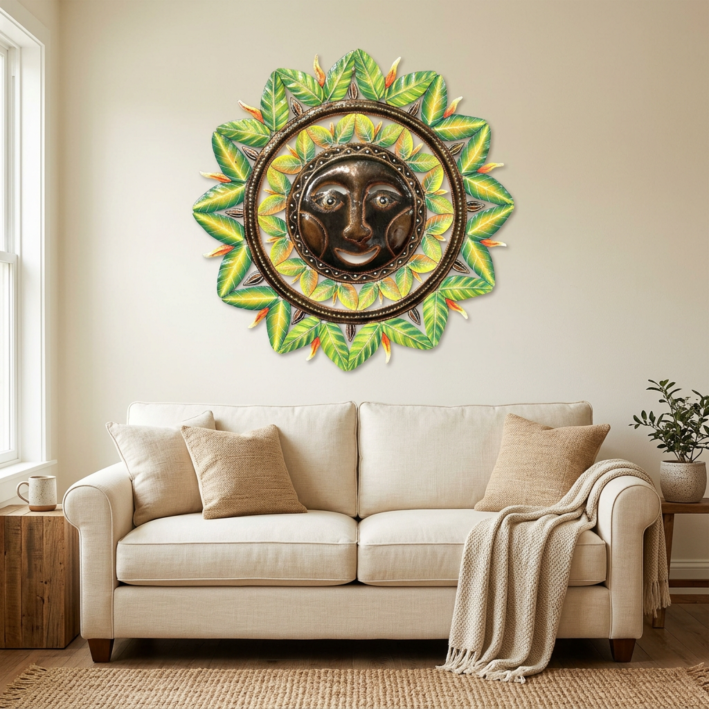 22-inch green steel sun wall art above a cream sofa
