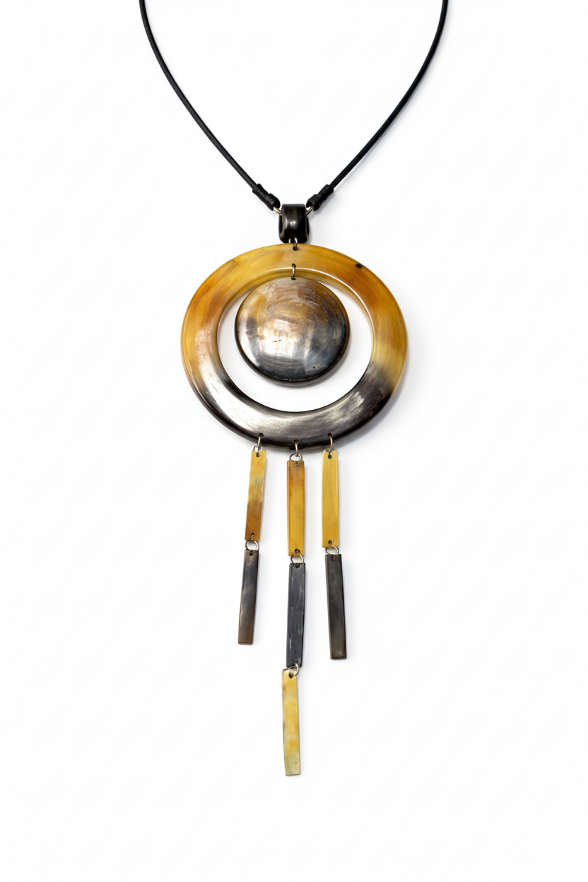 Handmade Haitian ox horn amber ring frame with grey dome disc and four bar fringe dangles necklace on white background