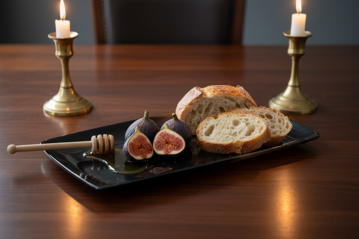 Haitian black ox horn serving tray on dark walnut table with figs and artisan bread by candlelight