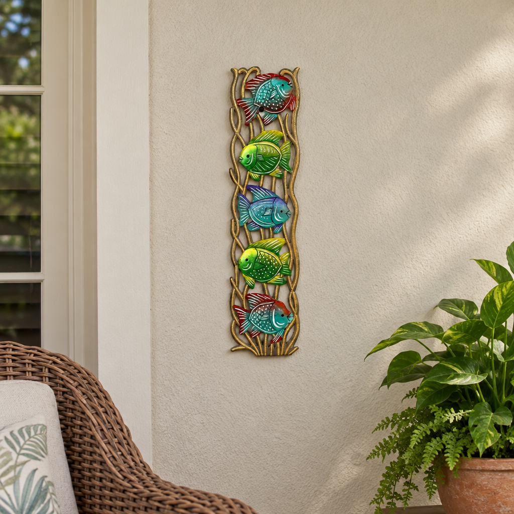 Handpainted Haitian stacked tropical fish metal wall art on a sheltered covered porch