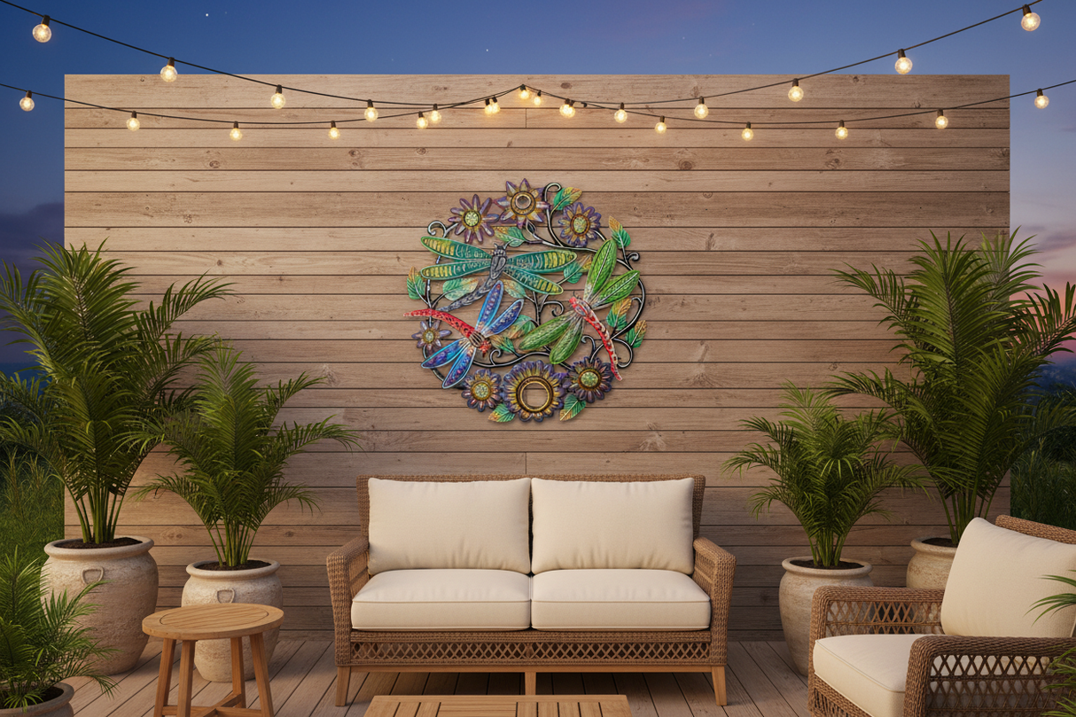 Colorful Haitian dragonfly metal wall art on a tropical patio wooden deck wall with string lights and potted palms at dusk