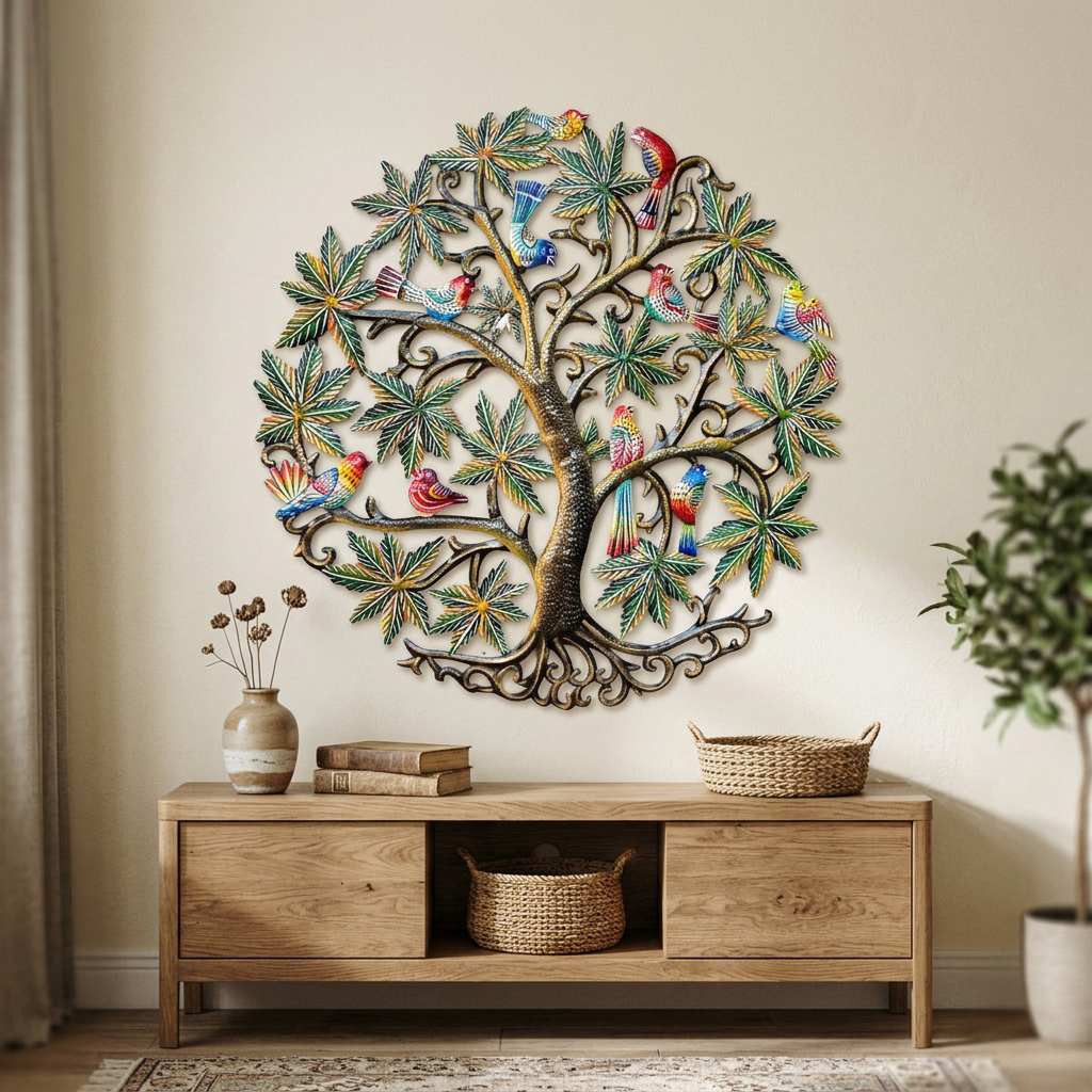 22-inch Birds Tree of Life metal wall art above a wooden living room console.